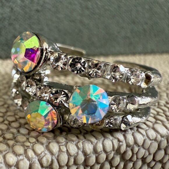 Adjustable Aurora Borealis Statement Ring Triple Band Silver Tone Sparkle - Picture 8 of 16